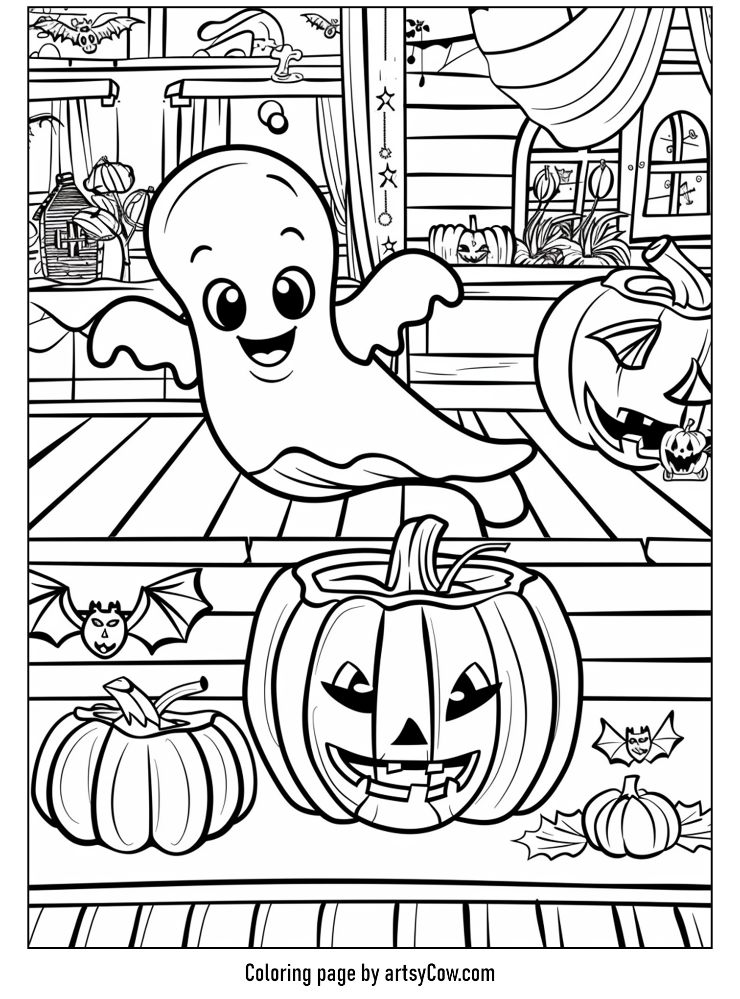 a cheerful ghost floating above a smiling pumpkin
